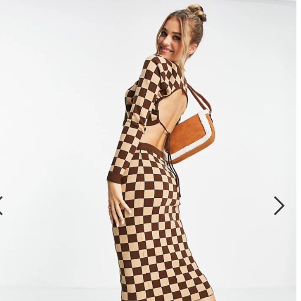 Miss Selfridge Camel Check Open Back Long Sleeve Knit Set